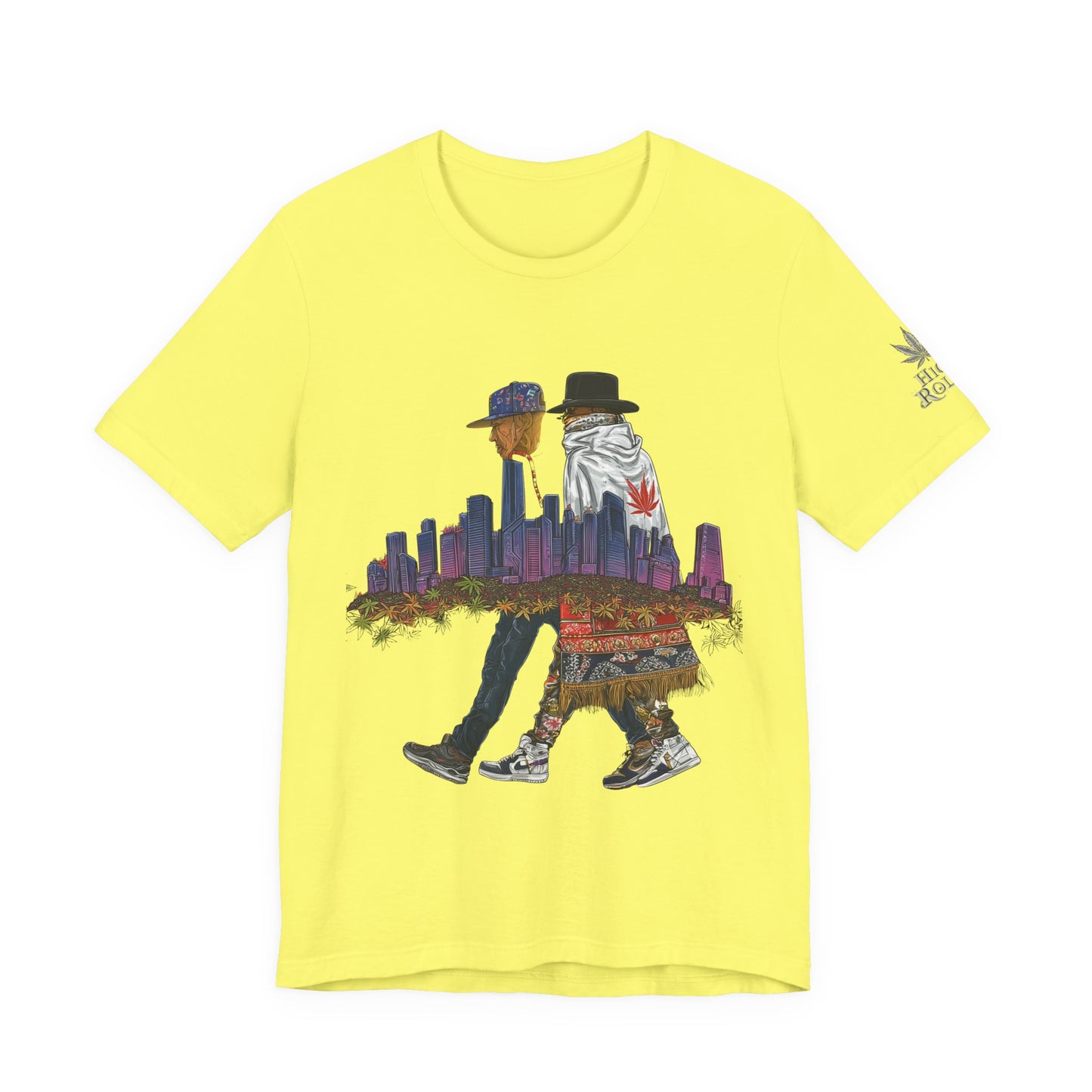 High Roller Urban Legends Cannabis T-Shirt - Premium 420 City Skyline Street Culture Double Exposure Apparel