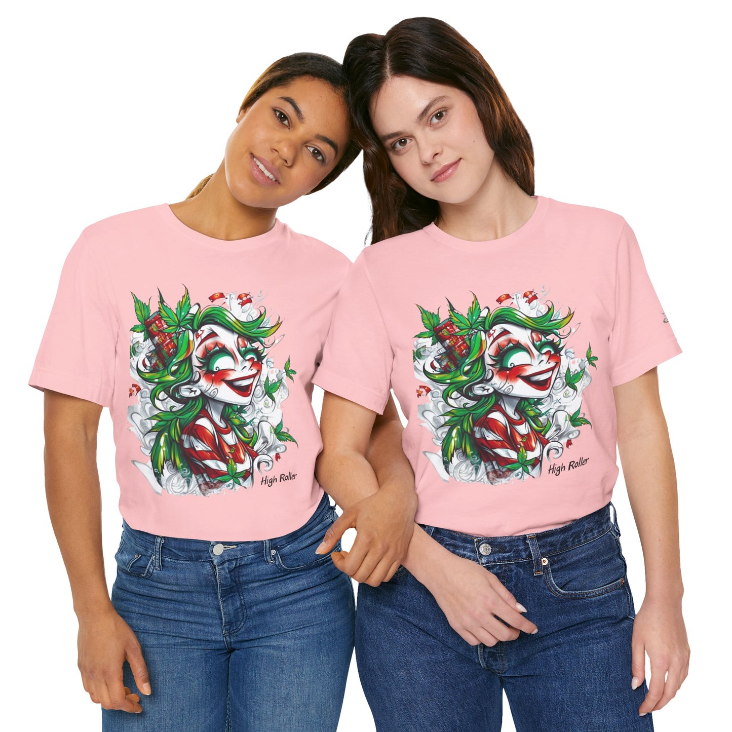 High Roller Jester Queen Cannabis T-Shirt - Premium 420 Harlequin Beauty Holiday Celebration Apparel
