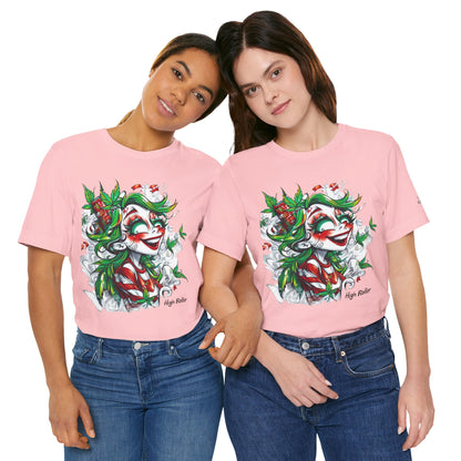 High Roller Jester Queen Cannabis T-Shirt - Premium 420 Harlequin Beauty Holiday Celebration Apparel