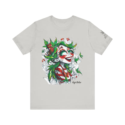 High Roller Jester Queen Cannabis T-Shirt - Premium 420 Harlequin Beauty Holiday Celebration Apparel