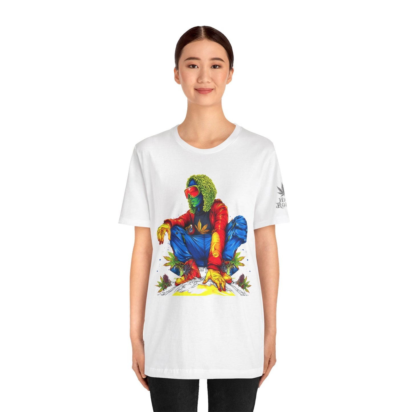 Psychedelic Chill Premium Cannabis Culture T-Shirt - Vibrant Street Art With Rainbow Color Explosion And Meditative Pose
