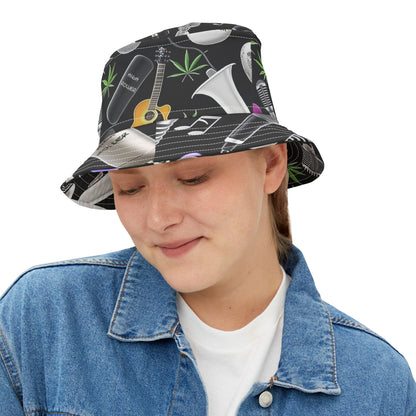Cannabis Leaf & Music Bucket Hat - Artistic Pattern Fashion Accessory