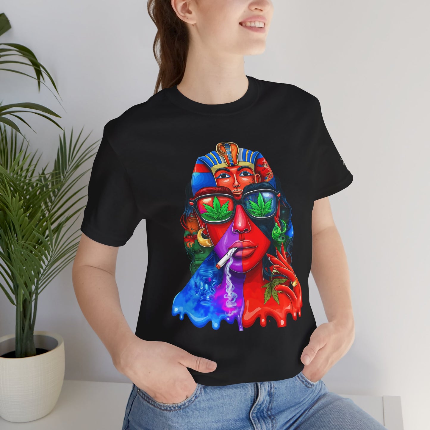 Pharaoh Vision Premium Cannabis Culture T-Shirt - Ancient Egyptian Royalty With Modern Cannabis Celebration And Psychedelic Split-Face Art