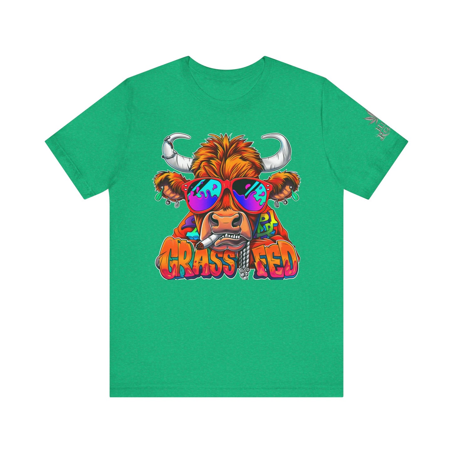 High Roller Grass Fed Cannabis T-Shirt - Premium 420 Highland Cow Humor Psychedelic Sunglasses Farm Culture Comedy Apparel