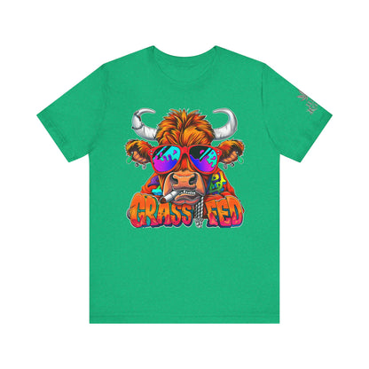 High Roller Grass Fed Cannabis T-Shirt - Premium 420 Highland Cow Humor Psychedelic Sunglasses Farm Culture Comedy Apparel