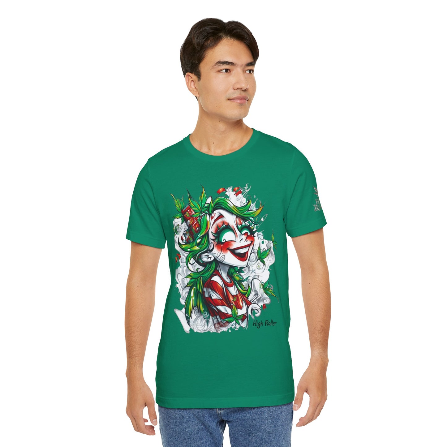 High Roller Jester Queen Cannabis T-Shirt - Premium 420 Harlequin Beauty Holiday Celebration Apparel