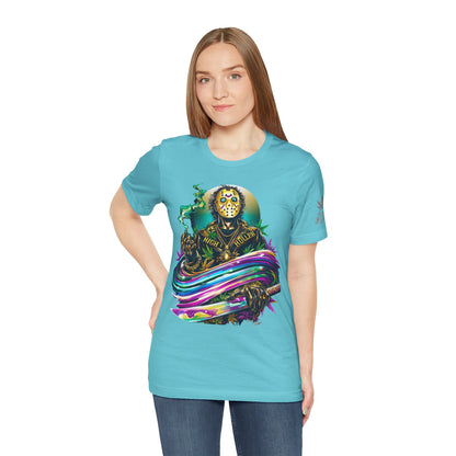 Psychedelic Jason Swoosh Cannabis T-Shirt - Premium Horror 420 Orange Edition Apparel