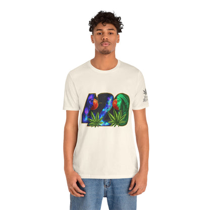 420 Cosmic Connection Premium Cannabis Culture T-Shirt - Bold Typography With Celestial Profiles And Luminous Cannabis Leaf Design