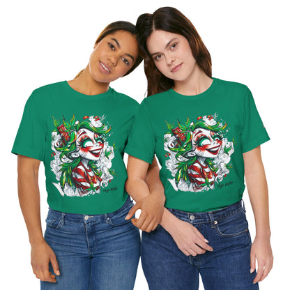 High Roller Jester Queen Cannabis T-Shirt - Premium 420 Harlequin Beauty Holiday Celebration Apparel