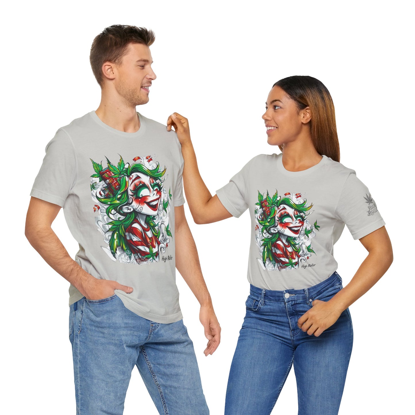 High Roller Jester Queen Cannabis T-Shirt - Premium 420 Harlequin Beauty Holiday Celebration Apparel