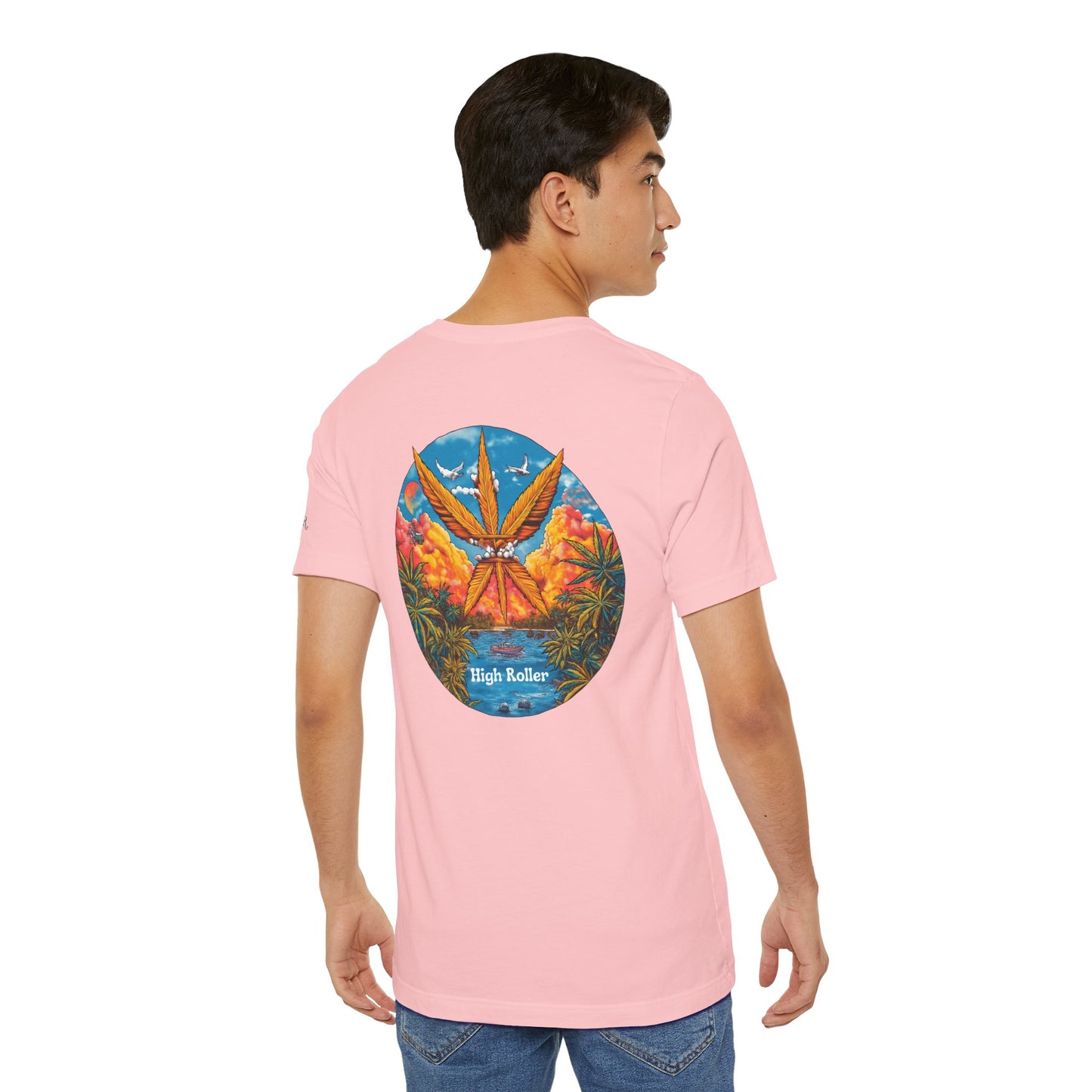 Cannabis Paradise Circle Tee - Tropical Sunset Art Design | High Roller