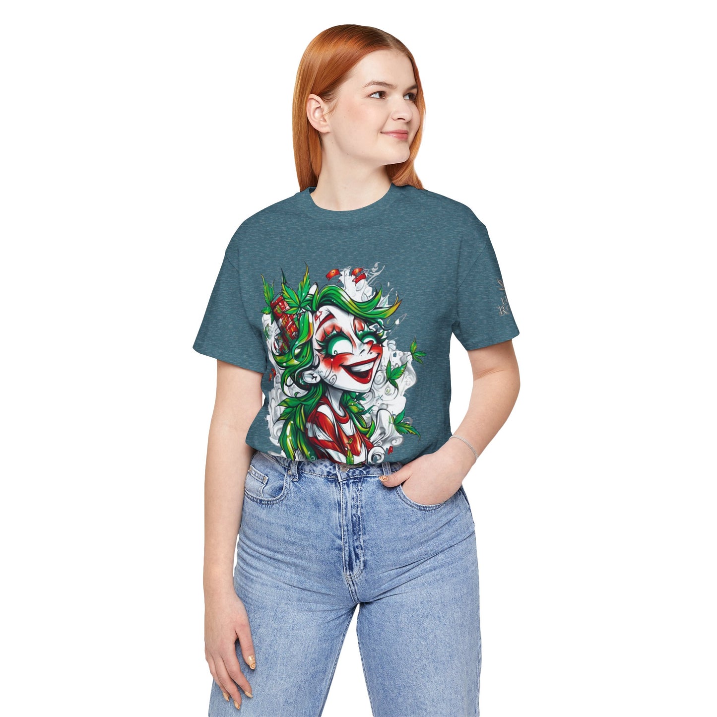 High Roller Jester Queen Cannabis T-Shirt - Premium 420 Harlequin Beauty Holiday Celebration Apparel