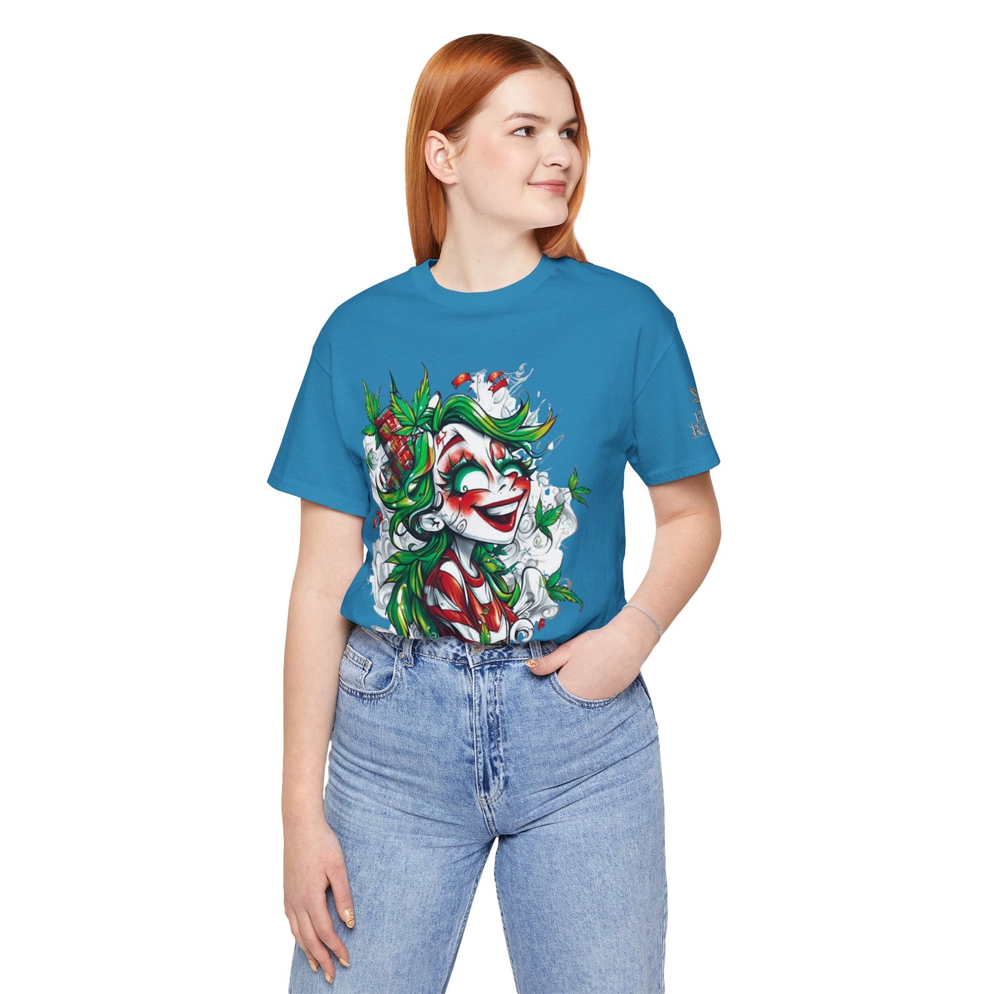 High Roller Jester Queen Cannabis T-Shirt - Premium 420 Harlequin Beauty Holiday Celebration Apparel