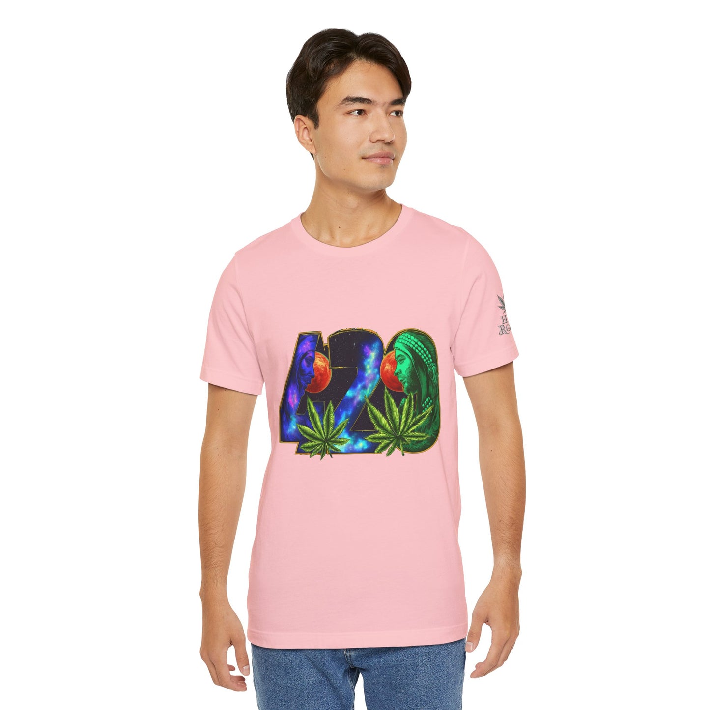 420 Cosmic Connection Premium Cannabis Culture T-Shirt - Bold Typography With Celestial Profiles And Luminous Cannabis Leaf Design