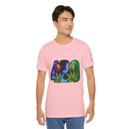 420 Cosmic Connection Premium Cannabis Culture T-Shirt - Bold Typography With Celestial Profiles And Luminous Cannabis Leaf Design