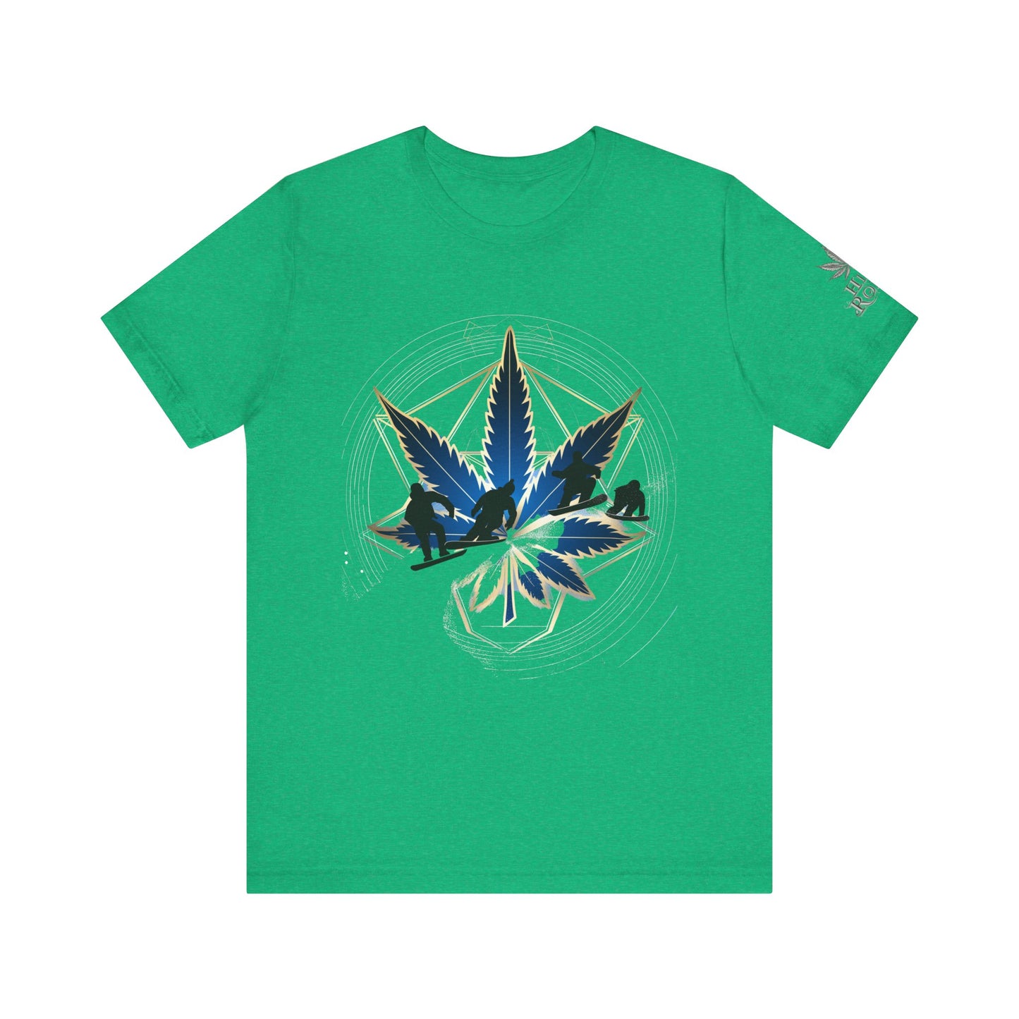 Sacred Geometry Snowboard Premium Cannabis Culture T-Shirt - Emerald Green Tee With Action Sports And Crystalline Cannabis Geometric Mandala