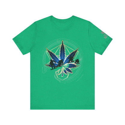 Sacred Geometry Snowboard Premium Cannabis Culture T-Shirt - Emerald Green Tee With Action Sports And Crystalline Cannabis Geometric Mandala