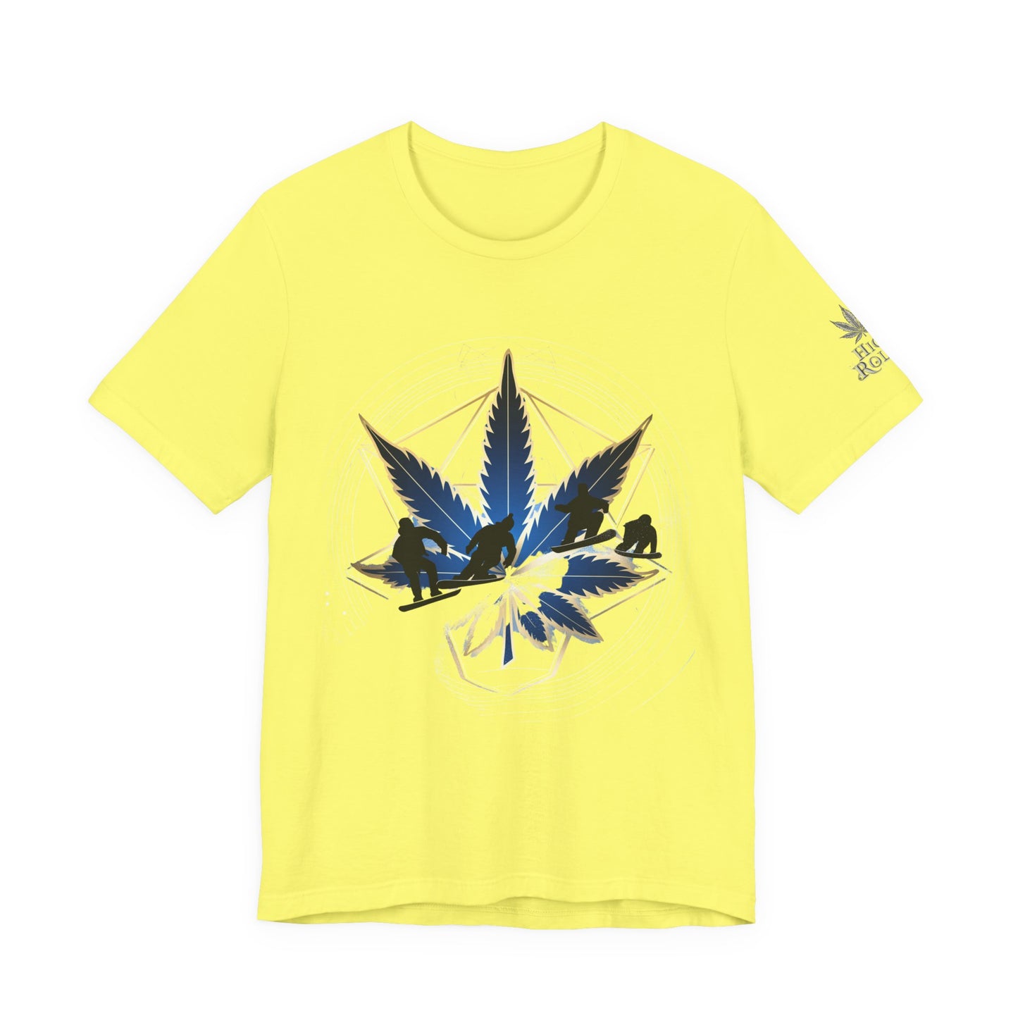 Sacred Geometry Snowboard Premium Cannabis Culture T-Shirt - Emerald Green Tee With Action Sports And Crystalline Cannabis Geometric Mandala