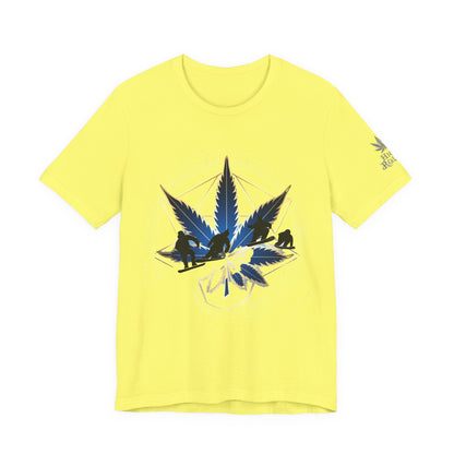 Sacred Geometry Snowboard Premium Cannabis Culture T-Shirt - Emerald Green Tee With Action Sports And Crystalline Cannabis Geometric Mandala