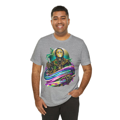 Psychedelic Jason Swoosh Cannabis T-Shirt - Premium Horror 420 Orange Edition Apparel