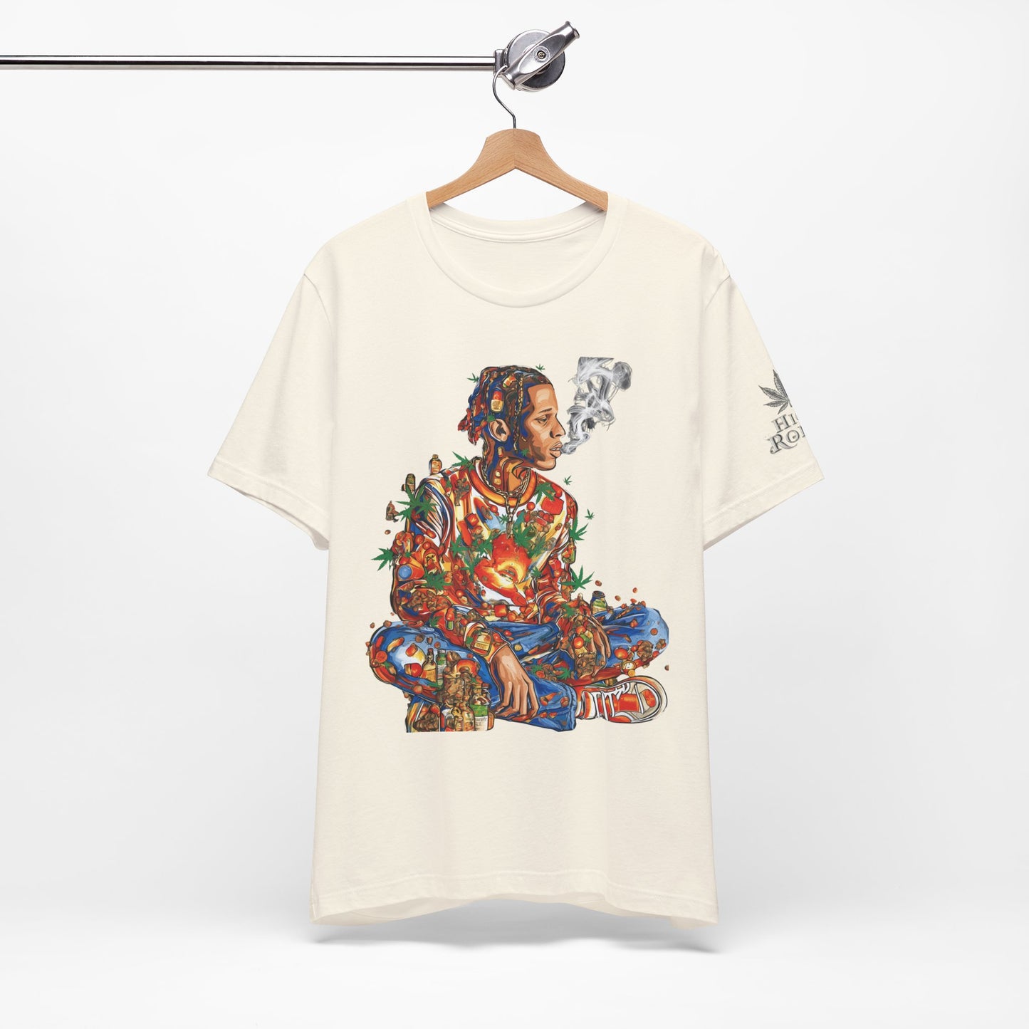 High Roller Meditation Mosaic Cannabis T-Shirt - Premium 420 Hip-Hop Zen Cross-Legged Street Culture Artistic Collage Apparel