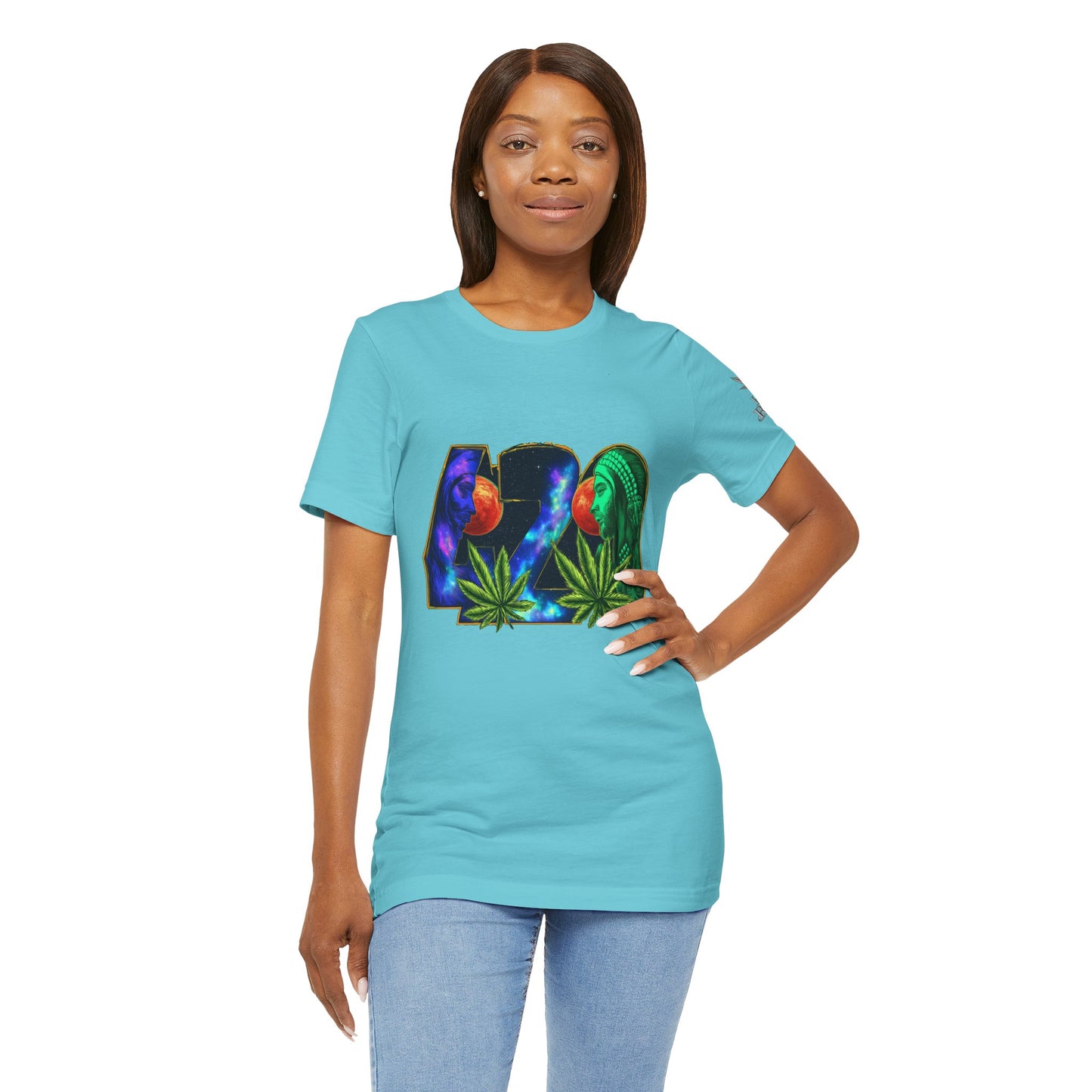 420 Cosmic Connection Premium Cannabis Culture T-Shirt - Bold Typography With Celestial Profiles And Luminous Cannabis Leaf Design