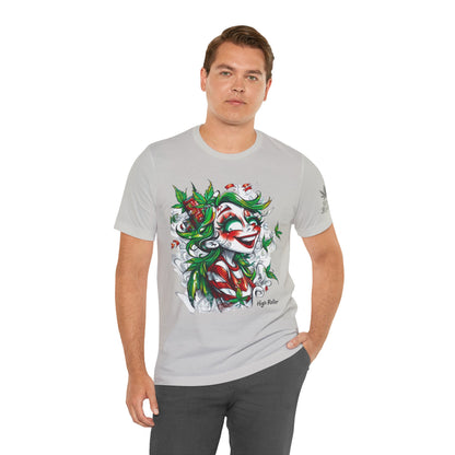 High Roller Jester Queen Cannabis T-Shirt - Premium 420 Harlequin Beauty Holiday Celebration Apparel