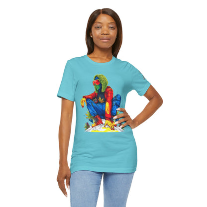 Psychedelic Chill Premium Cannabis Culture T-Shirt - Vibrant Street Art With Rainbow Color Explosion And Meditative Pose