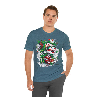 High Roller Jester Queen Cannabis T-Shirt - Premium 420 Harlequin Beauty Holiday Celebration Apparel