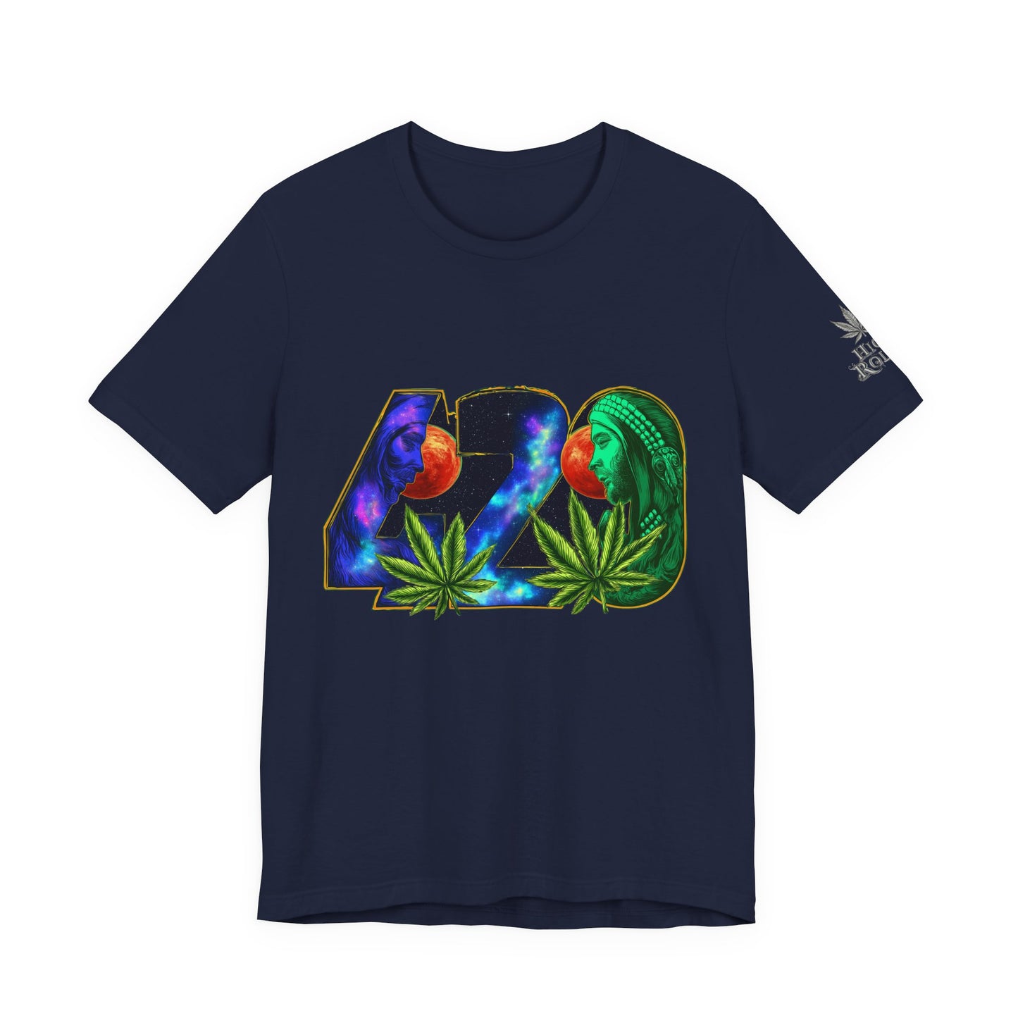 420 Cosmic Connection Premium Cannabis Culture T-Shirt - Bold Typography With Celestial Profiles And Luminous Cannabis Leaf Design