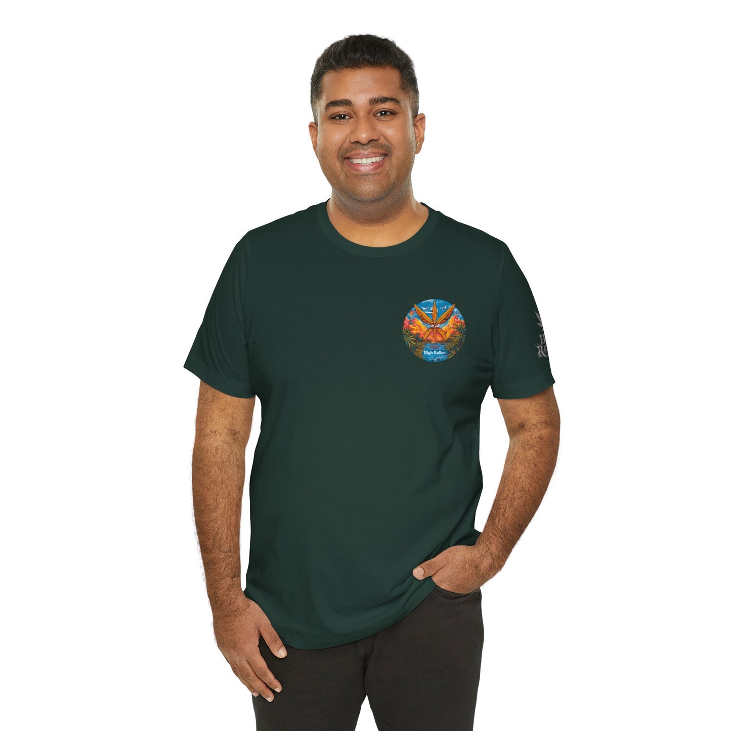 Cannabis Paradise Circle Tee - Tropical Sunset Art Design | High Roller