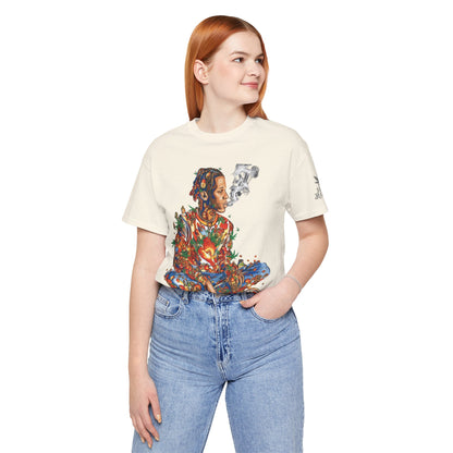 High Roller Meditation Mosaic Cannabis T-Shirt - Premium 420 Hip-Hop Zen Cross-Legged Street Culture Artistic Collage Apparel