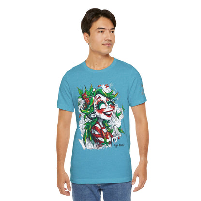 High Roller Jester Queen Cannabis T-Shirt - Premium 420 Harlequin Beauty Holiday Celebration Apparel