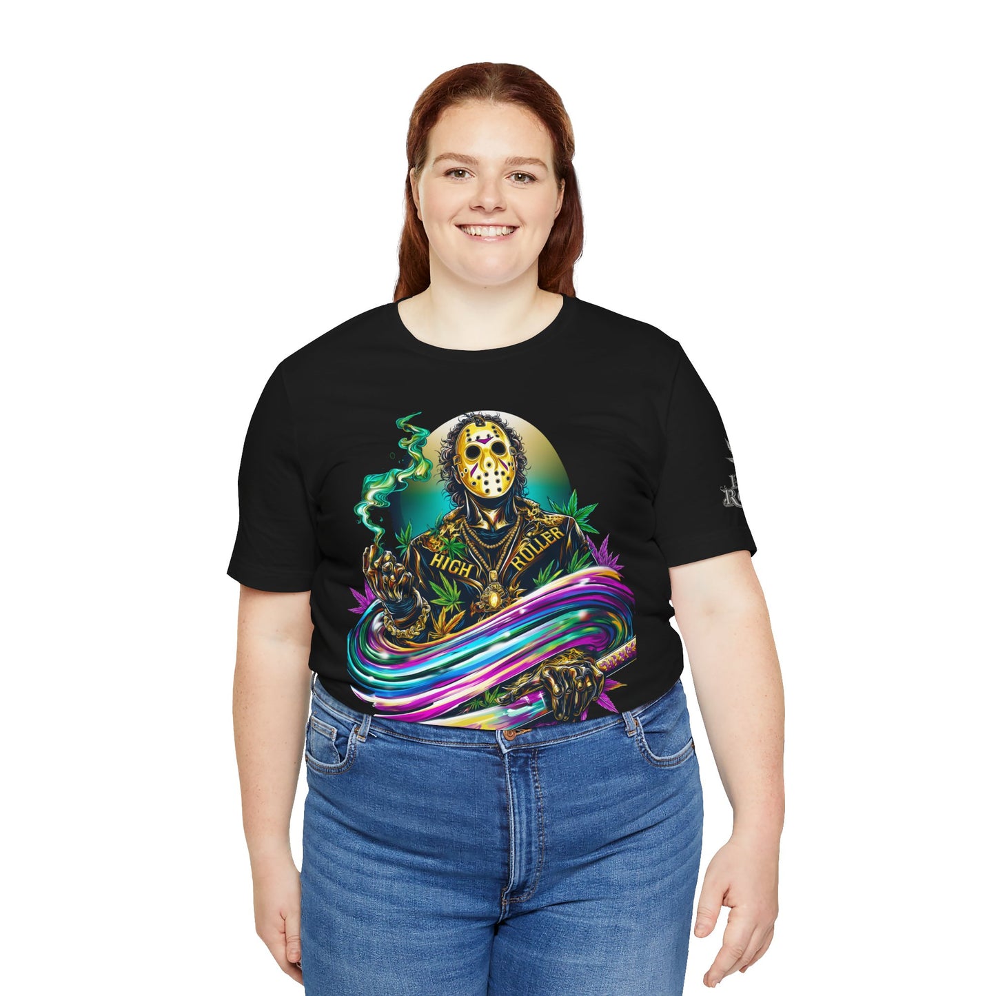 Psychedelic Jason Swoosh Cannabis T-Shirt - Premium Horror 420 Orange Edition Apparel