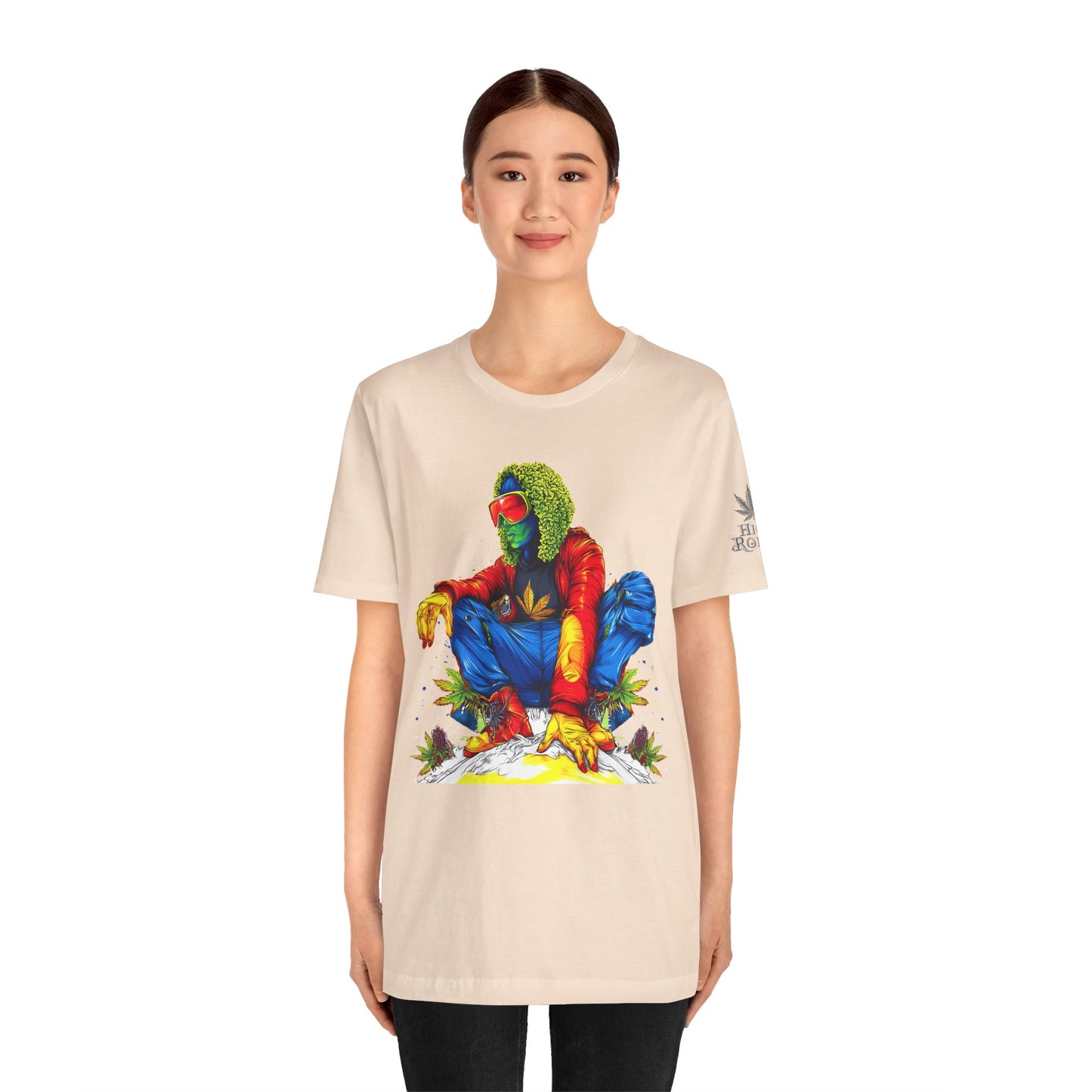 Psychedelic Chill Premium Cannabis Culture T-Shirt - Vibrant Street Art With Rainbow Color Explosion And Meditative Pose