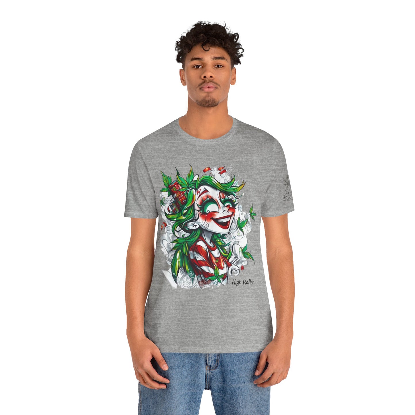 High Roller Jester Queen Cannabis T-Shirt - Premium 420 Harlequin Beauty Holiday Celebration Apparel