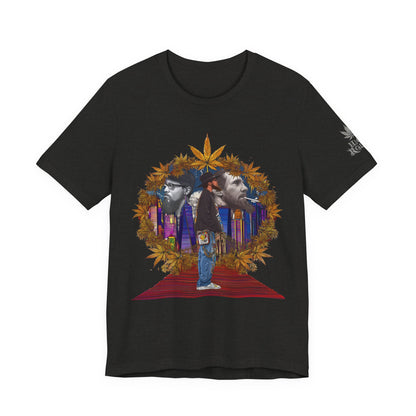 Red Carpet Royalty Premium Cannabis Culture T-Shirt - Hip-Hop Legends Tribute With Golden Cannabis Wreath And City Skyline