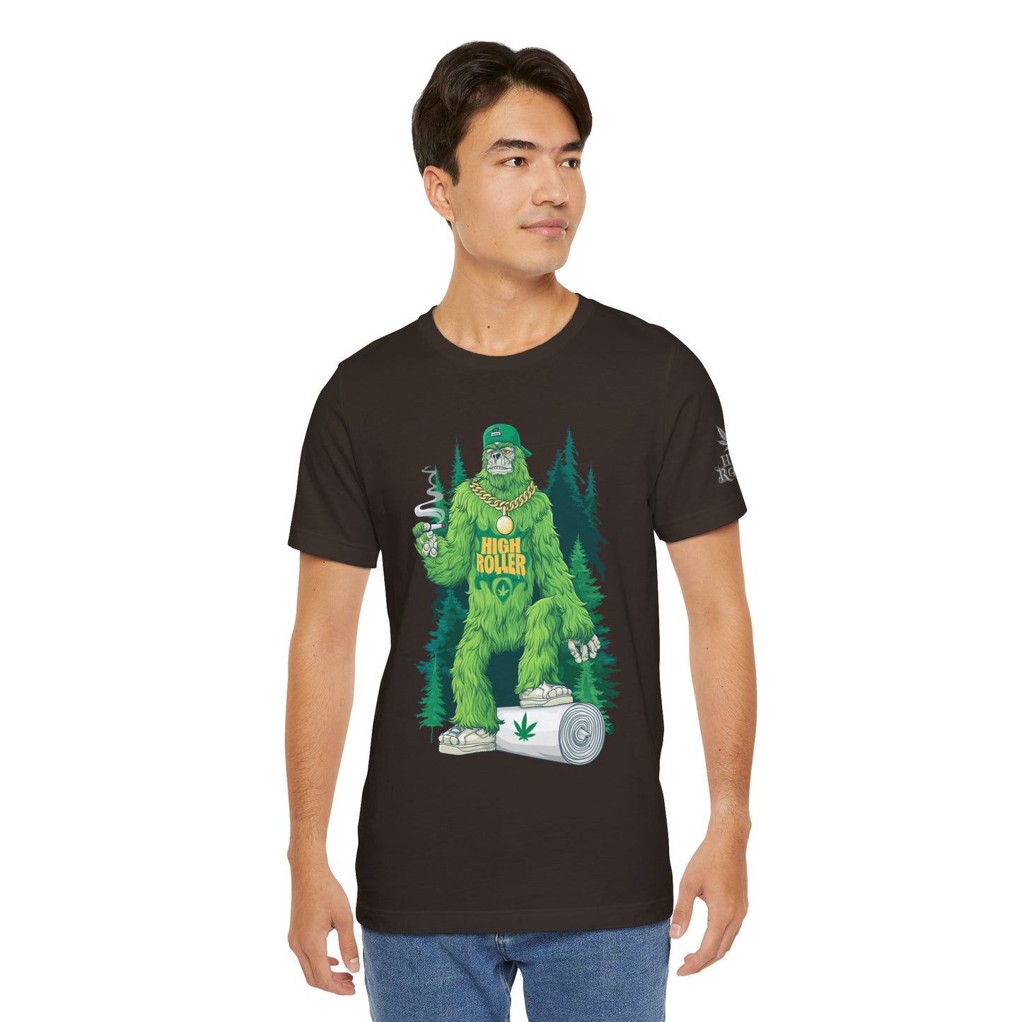 Bigfoot HIGH ROLLER Halloween Cannabis Forest T-Shirt - Premium Sasquatch Lifestyle Legend 420 Apparel