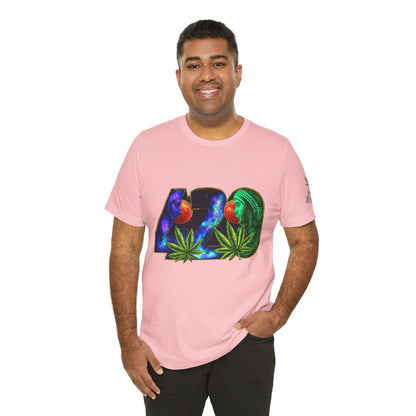 420 Cosmic Connection Premium Cannabis Culture T-Shirt - Bold Typography With Celestial Profiles And Luminous Cannabis Leaf Design