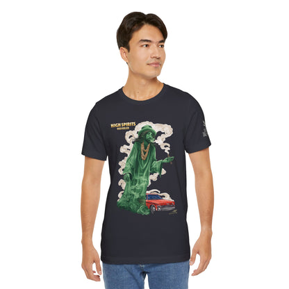 High Spirits HIGH ROLLER Halloween Cannabis Ghost T-Shirt - Premium Spectral Lowrider Phantom 420 Apparel