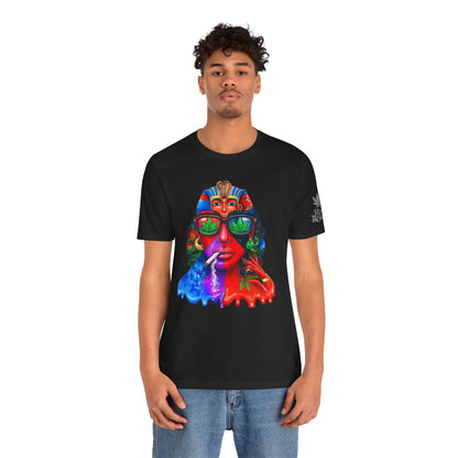 Pharaoh Vision Premium Cannabis Culture T-Shirt - Ancient Egyptian Royalty With Modern Cannabis Celebration And Psychedelic Split-Face Art