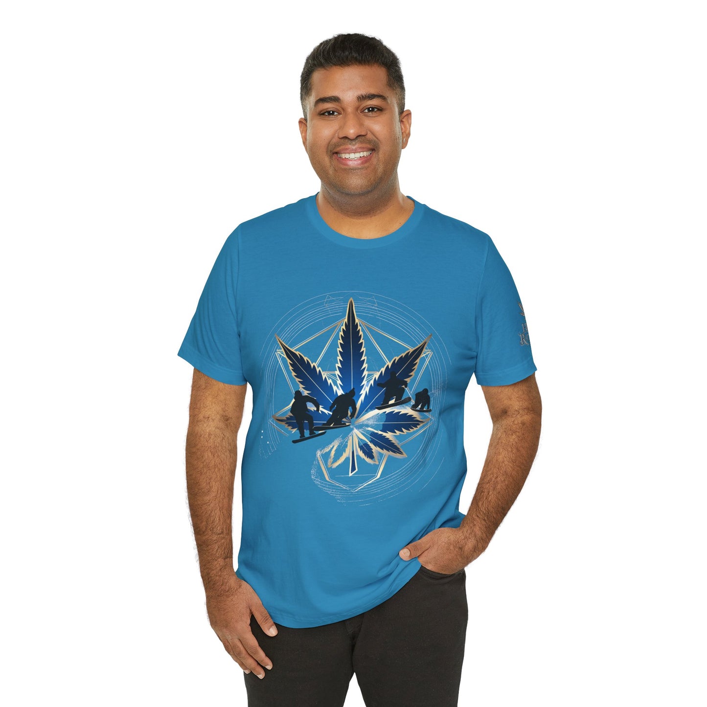Sacred Geometry Snowboard Premium Cannabis Culture T-Shirt - Emerald Green Tee With Action Sports And Crystalline Cannabis Geometric Mandala