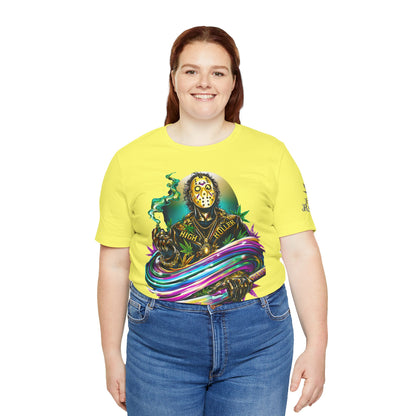 Psychedelic Jason Swoosh Cannabis T-Shirt - Premium Horror 420 Orange Edition Apparel