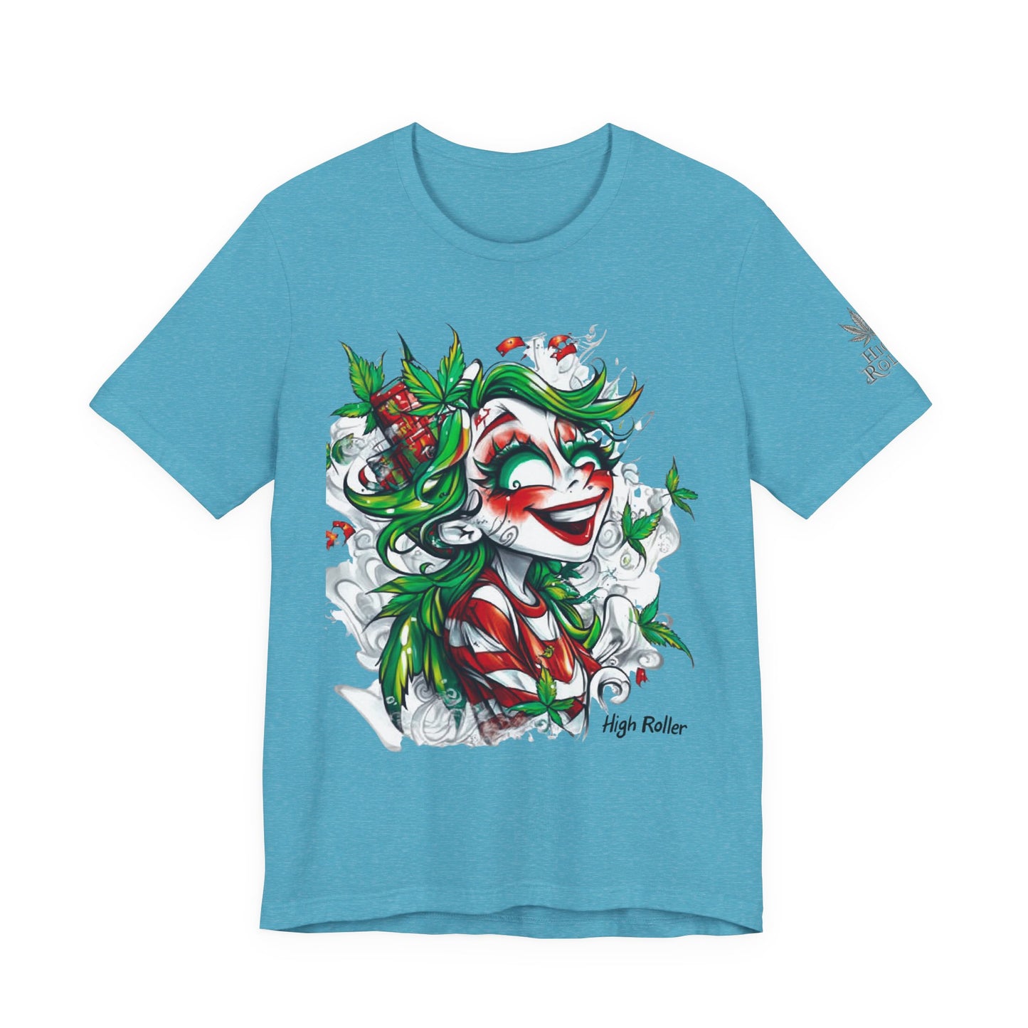 High Roller Jester Queen Cannabis T-Shirt - Premium 420 Harlequin Beauty Holiday Celebration Apparel