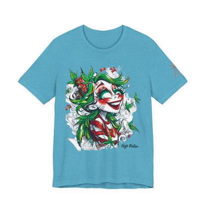 High Roller Jester Queen Cannabis T-Shirt - Premium 420 Harlequin Beauty Holiday Celebration Apparel