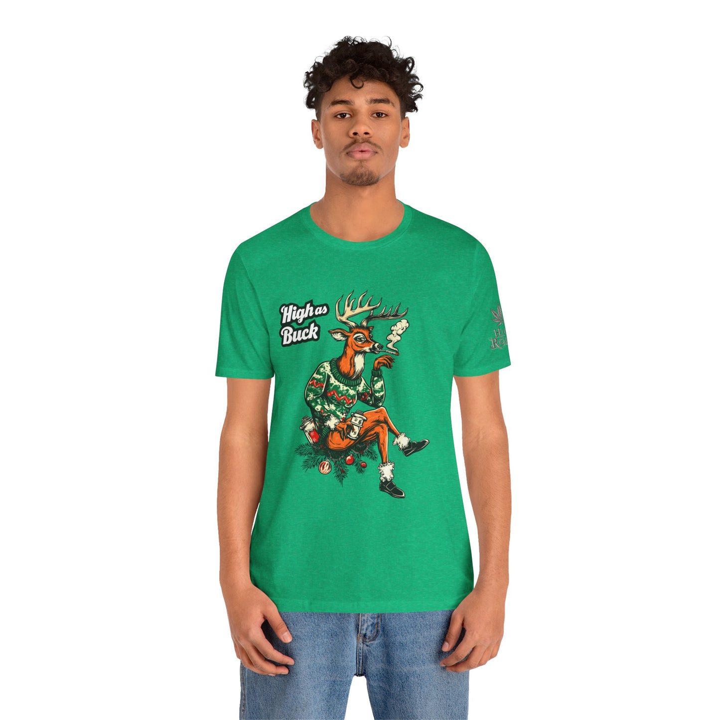 High as Buck T-Shirt - Premium Airlume Cotton Cannabis Christmas Deer Holiday Tee