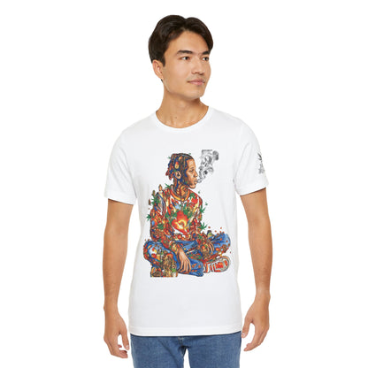 High Roller Meditation Mosaic Cannabis T-Shirt - Premium 420 Hip-Hop Zen Cross-Legged Street Culture Artistic Collage Apparel