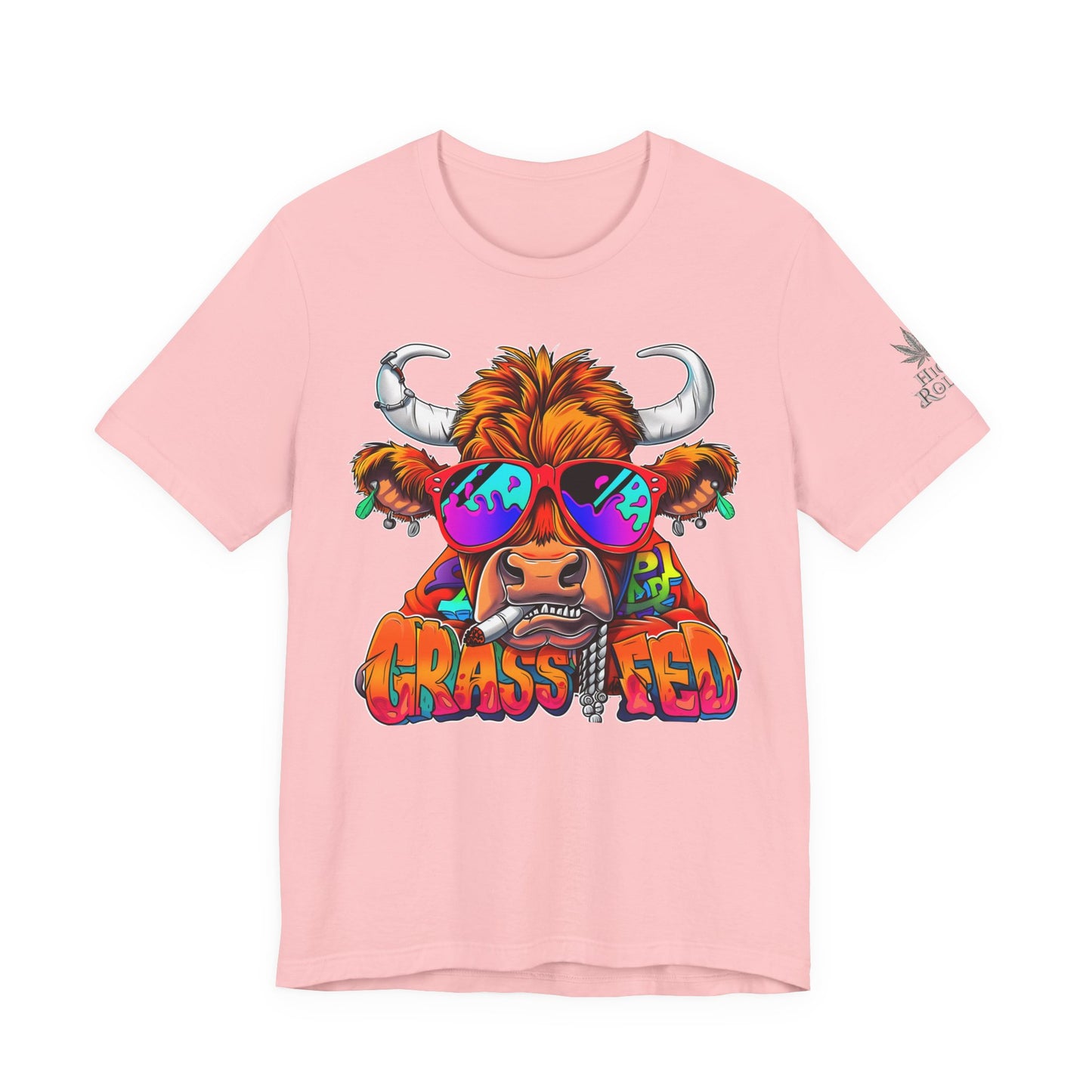 High Roller Grass Fed Cannabis T-Shirt - Premium 420 Highland Cow Humor Psychedelic Sunglasses Farm Culture Comedy Apparel