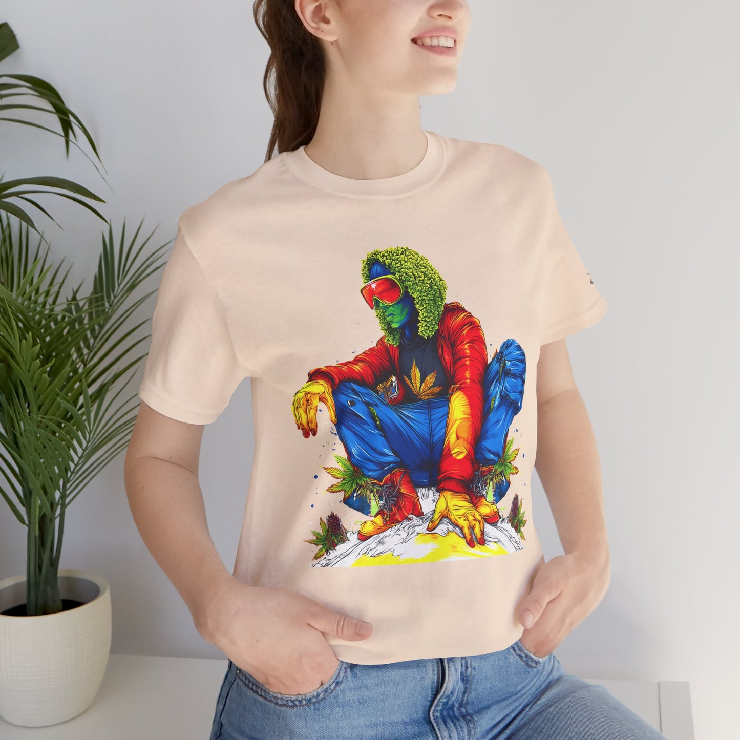 Psychedelic Chill Premium Cannabis Culture T-Shirt - Vibrant Street Art With Rainbow Color Explosion And Meditative Pose