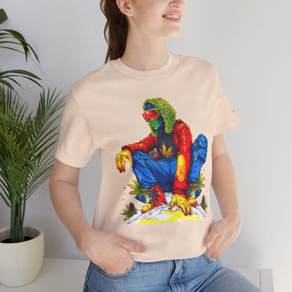 Psychedelic Chill Premium Cannabis Culture T-Shirt - Vibrant Street Art With Rainbow Color Explosion And Meditative Pose